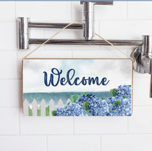 Load image into Gallery viewer, Welcome Hydrangea Dreams Twine Hanging Sign

