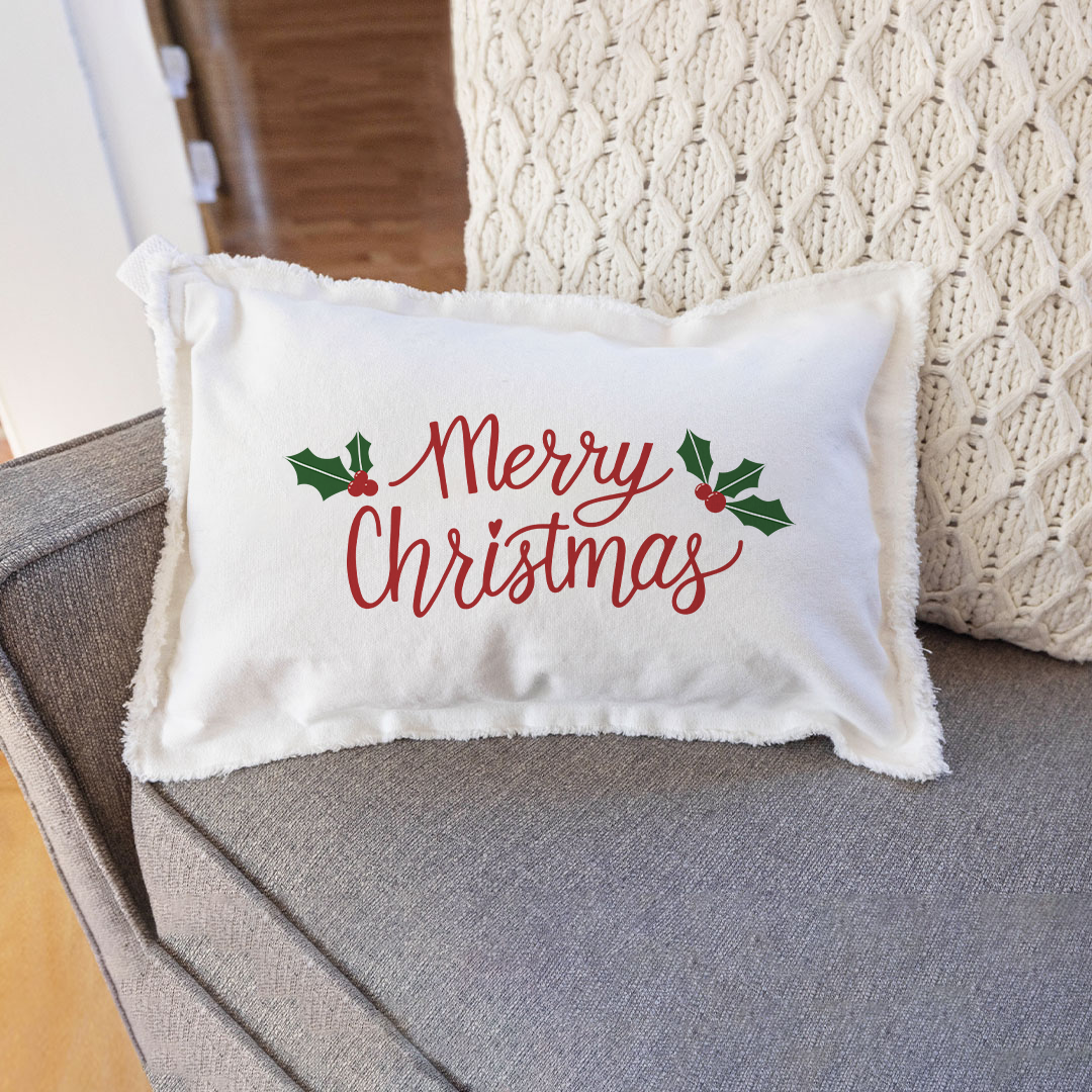 Merry Christmas Holly Leaves Lumbar Pillow