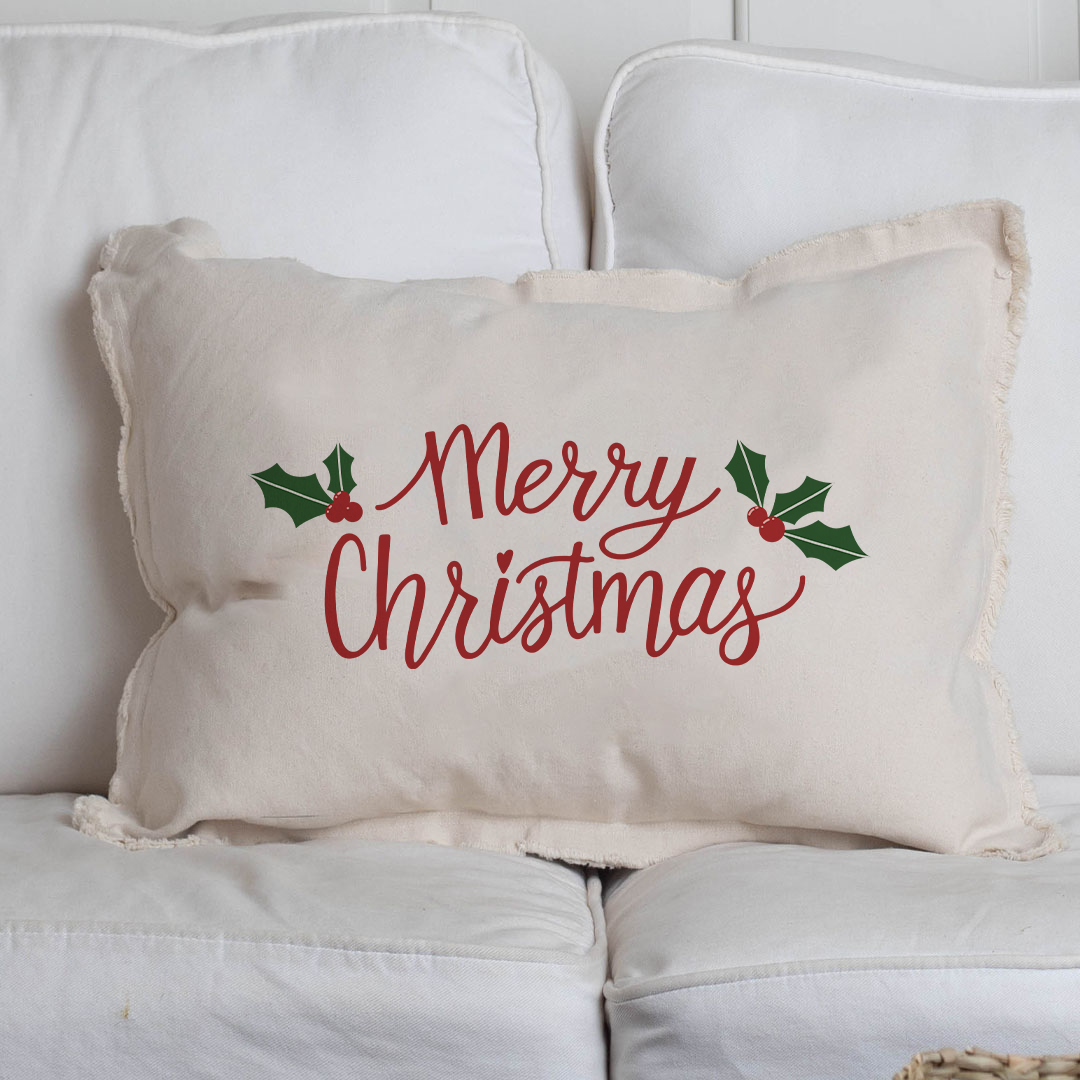 Merry Christmas Holly Leaves Lumbar Pillow