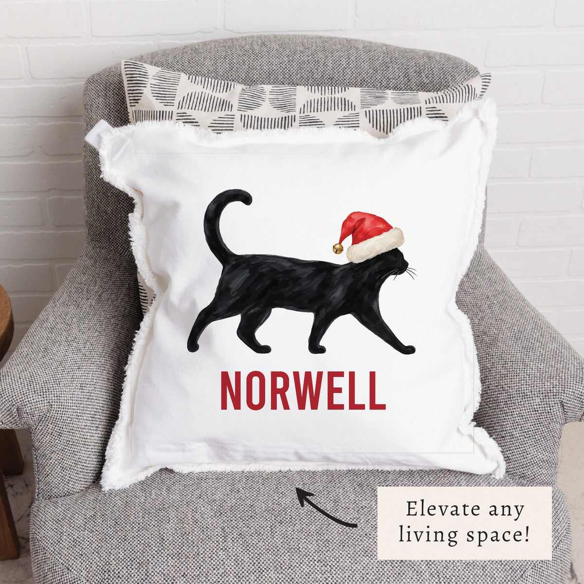 Black Cat Santa Hat Personalized Pillow