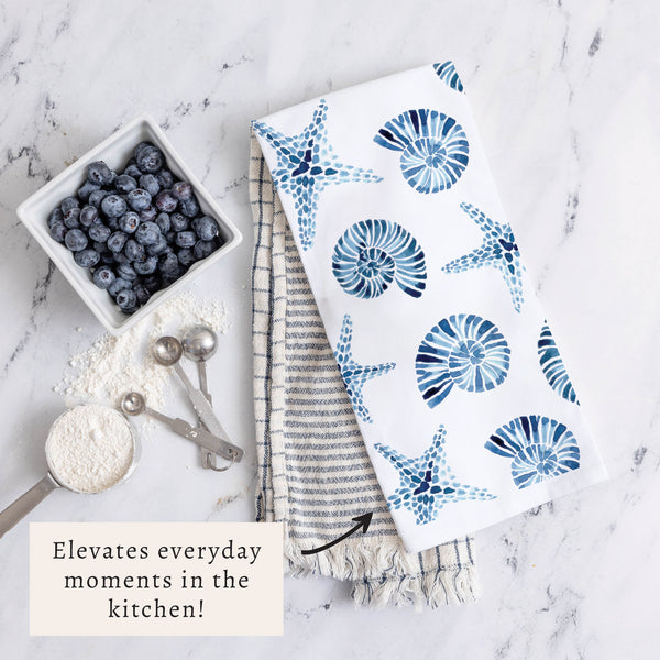 Blue Shell Starfish Pattern Tea Towel