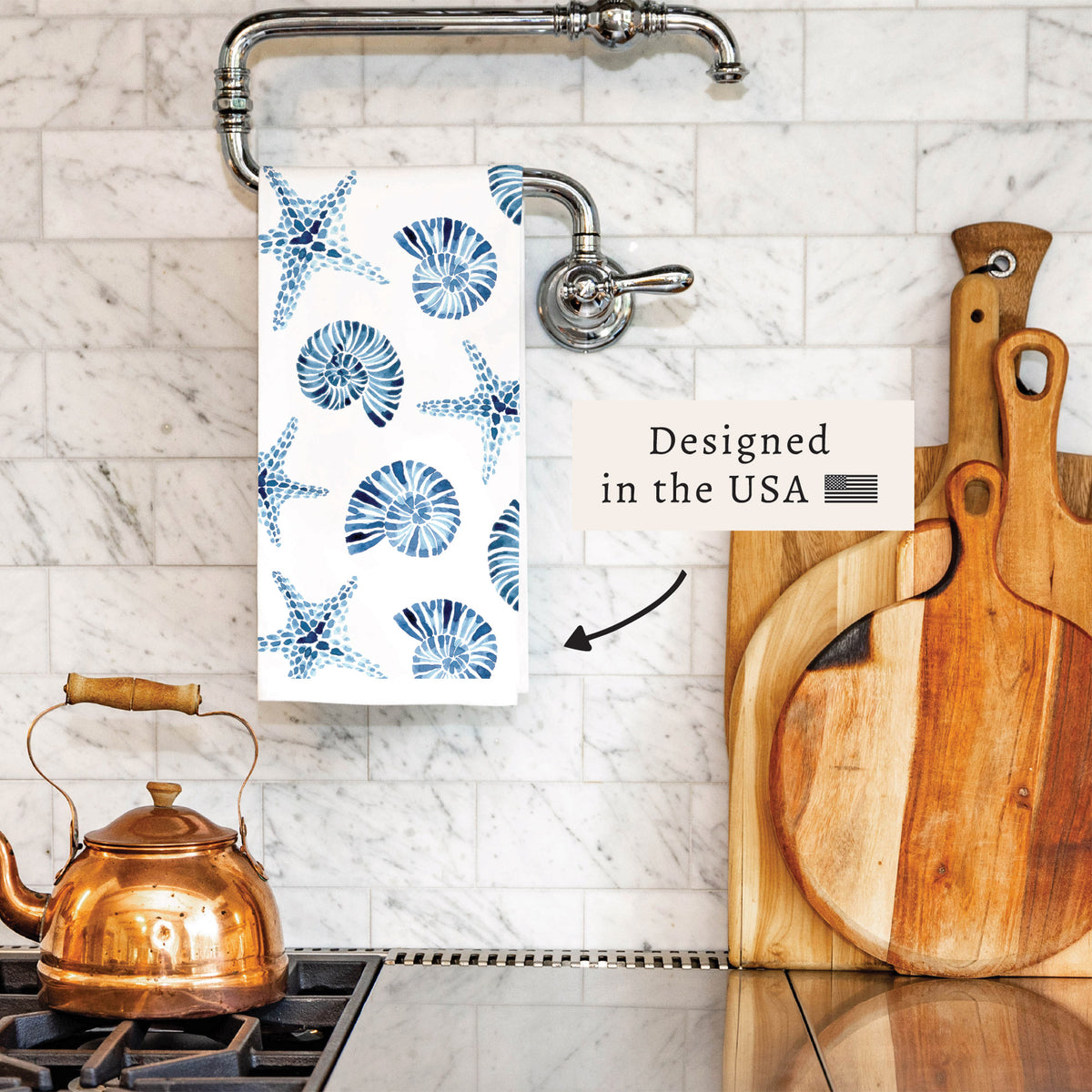 Blue Shell Starfish Pattern Tea Towel
