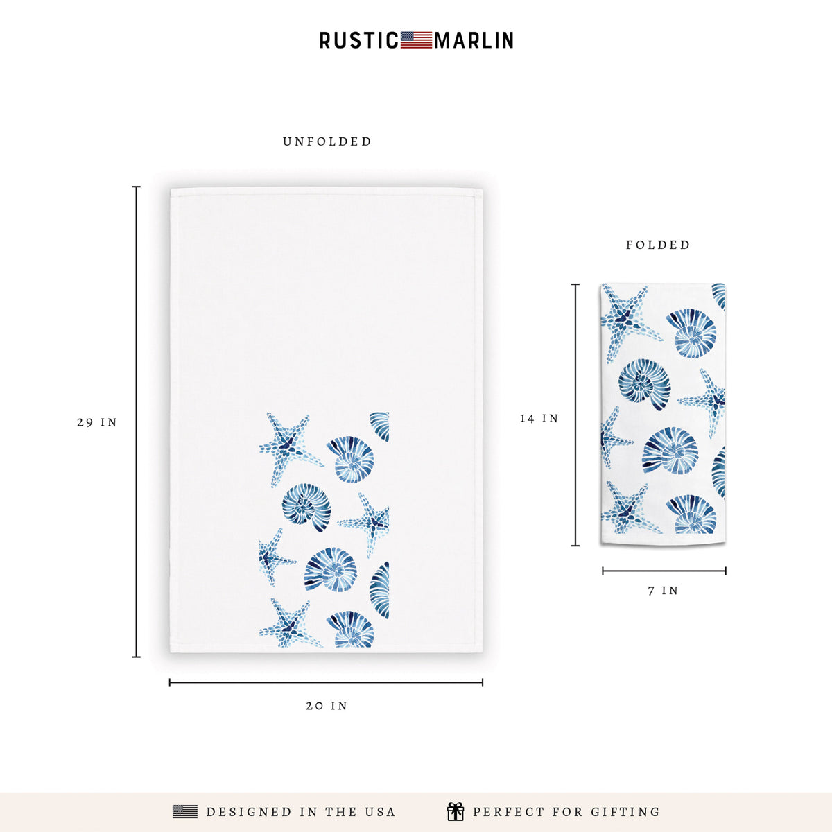 Blue Shell Starfish Pattern Tea Towel