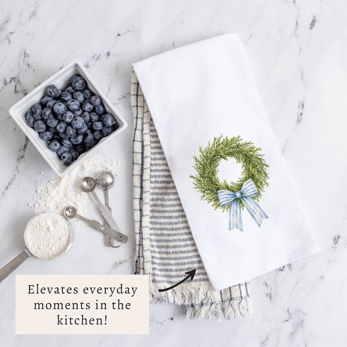 Wreath Blue Ribbon Tea Towel