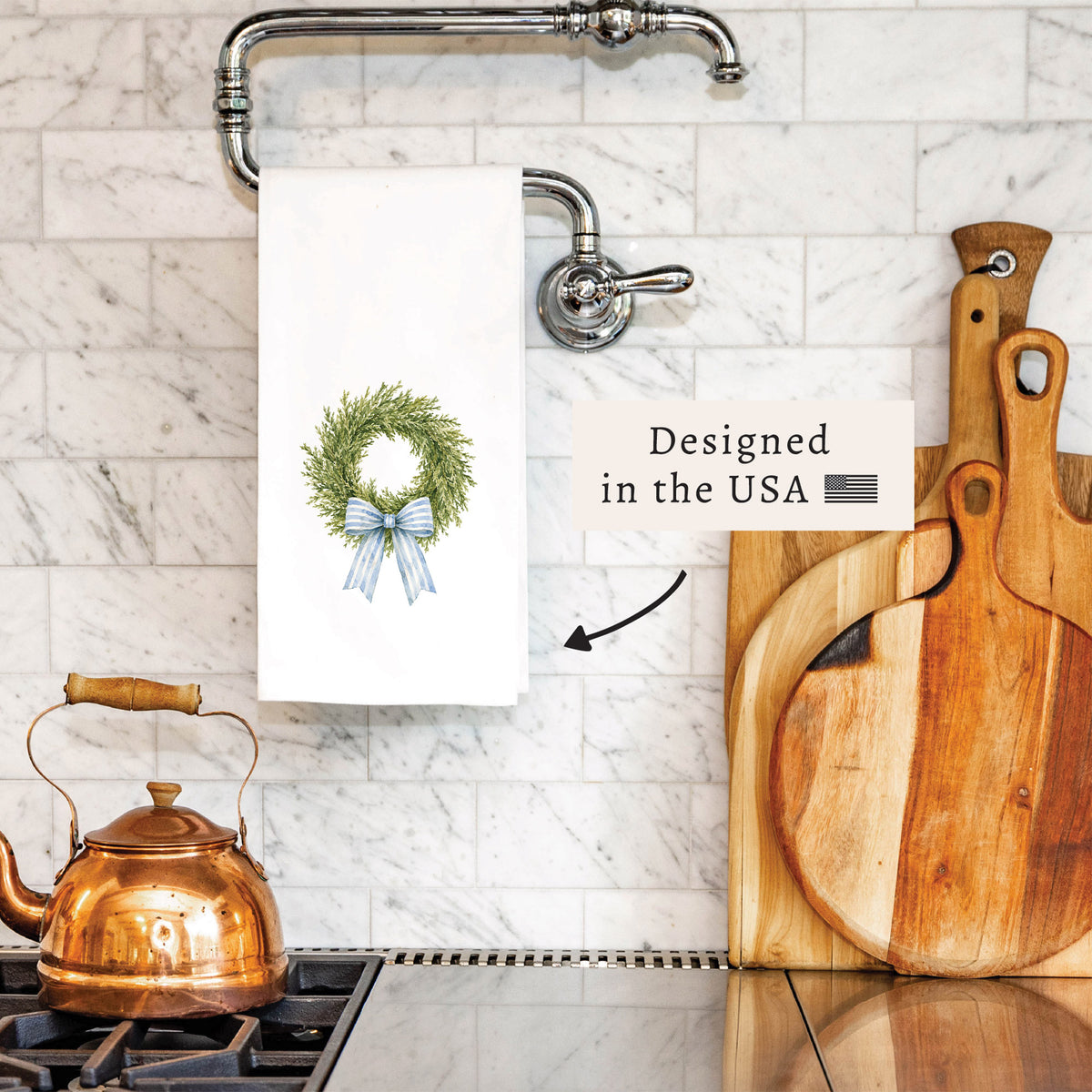 Wreath Blue Ribbon Tea Towel