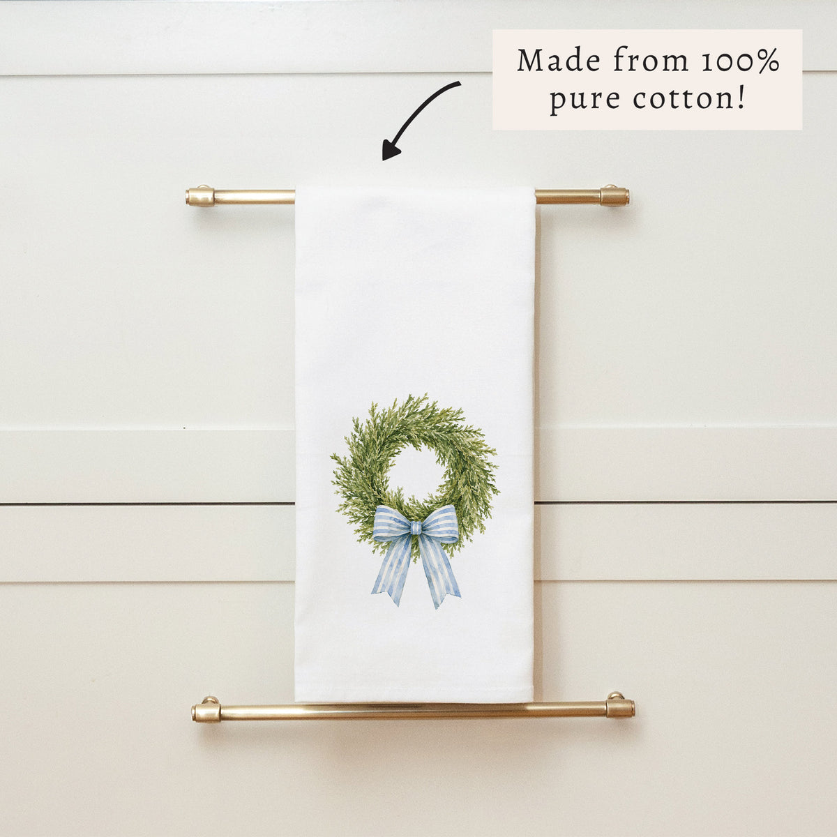 Wreath Blue Ribbon Tea Towel
