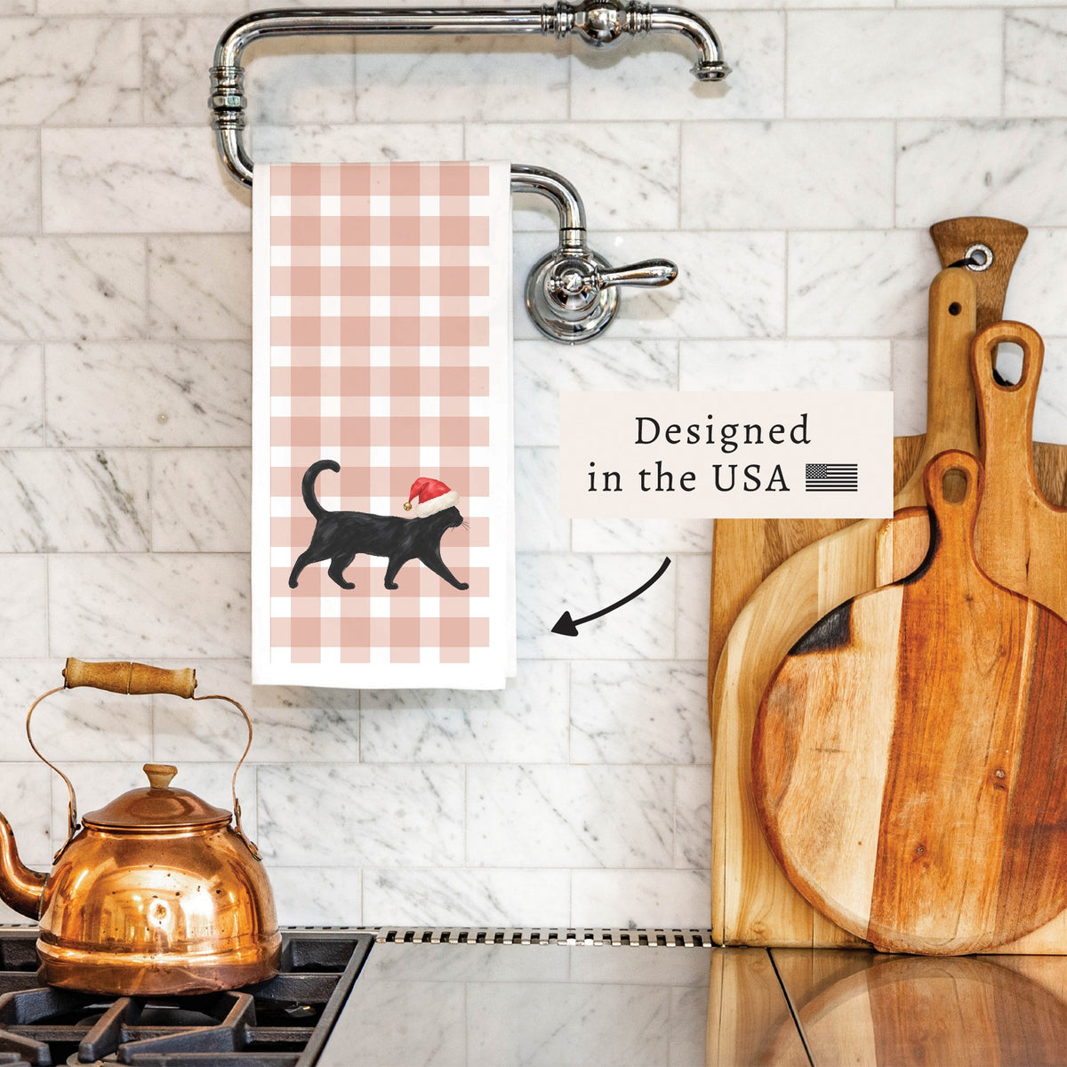 Black Cat Santa Hat Tea Towel