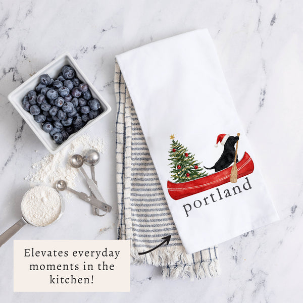 Christmas Dog Canoe Personalized Tea Towel
