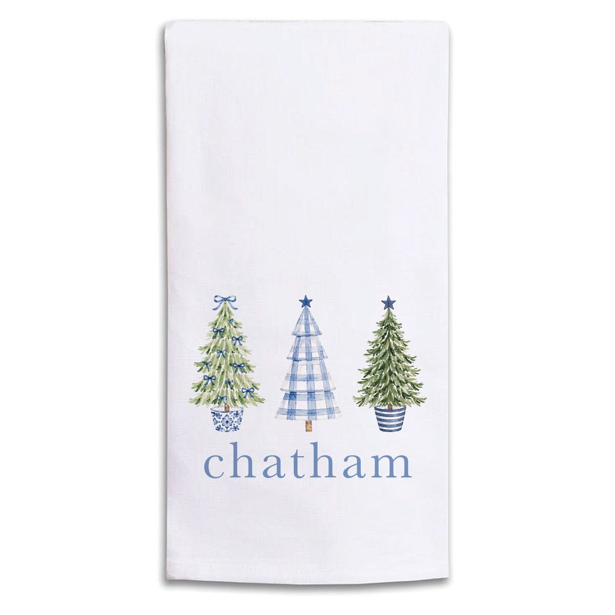 Coastal Cottage Christmas Trees Personalized Tea Towel
