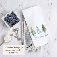 Coastal Cottage Christmas Trees Personalized Tea Towel