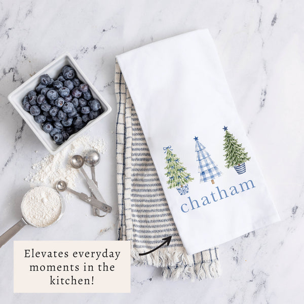 Coastal Cottage Christmas Trees Personalized Tea Towel