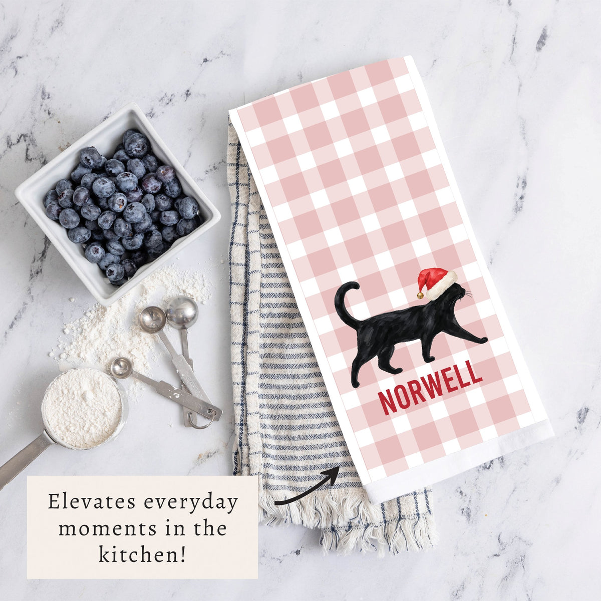 Black Cat Santa Hat Personalized Tea Towel