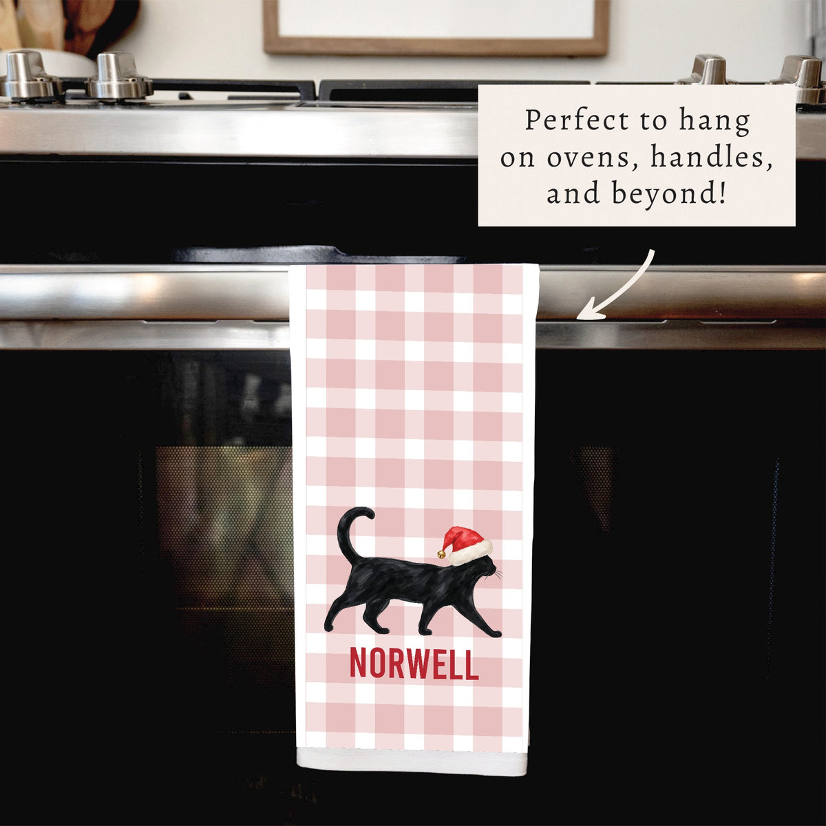 Black Cat Santa Hat Personalized Tea Towel
