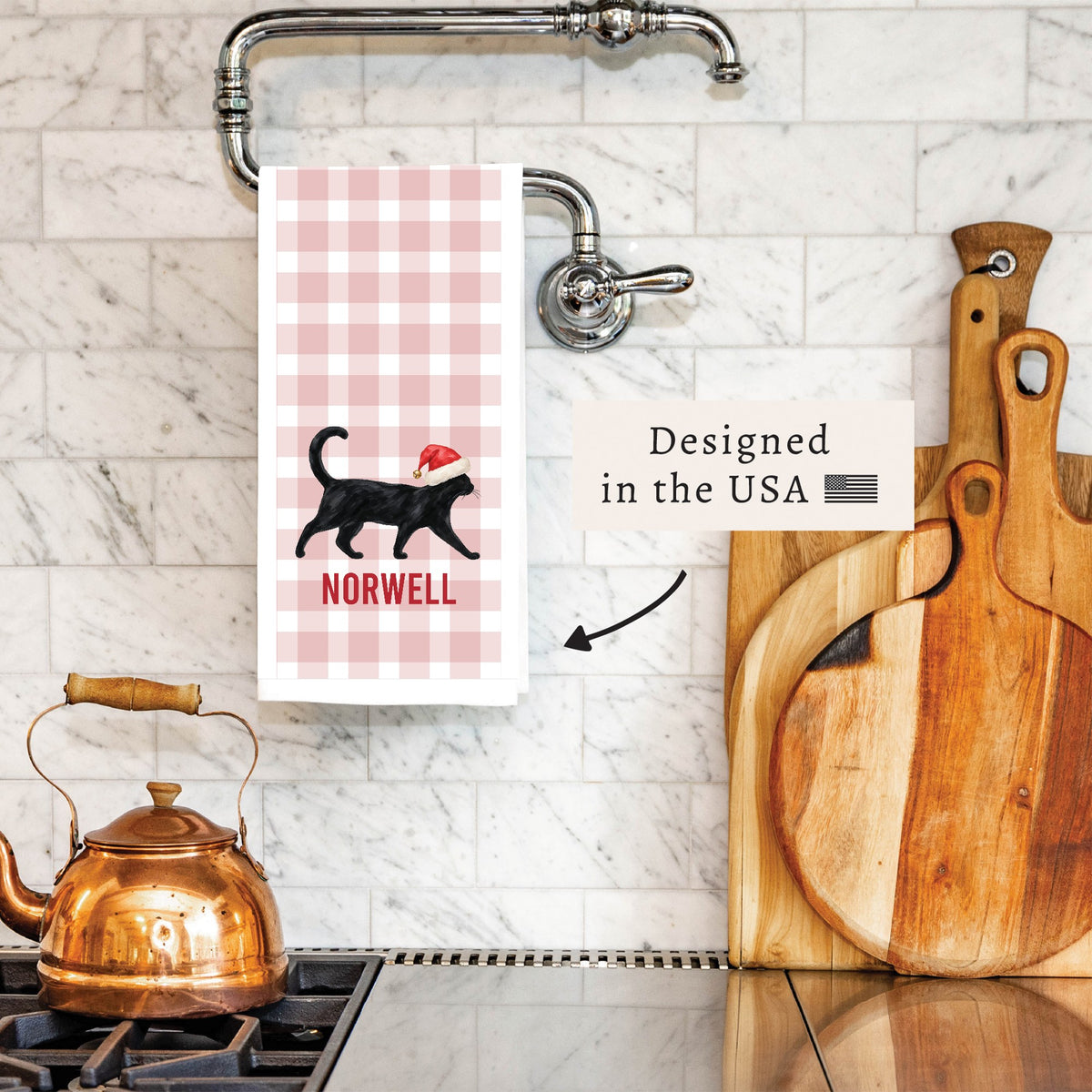 Black Cat Santa Hat Personalized Tea Towel