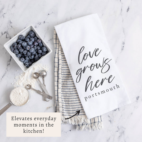 Love Grows Here Personalized Tea Towel