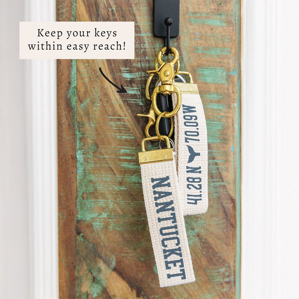 Nantucket Whale Tail Coordinates Nautical  Blue Keychain