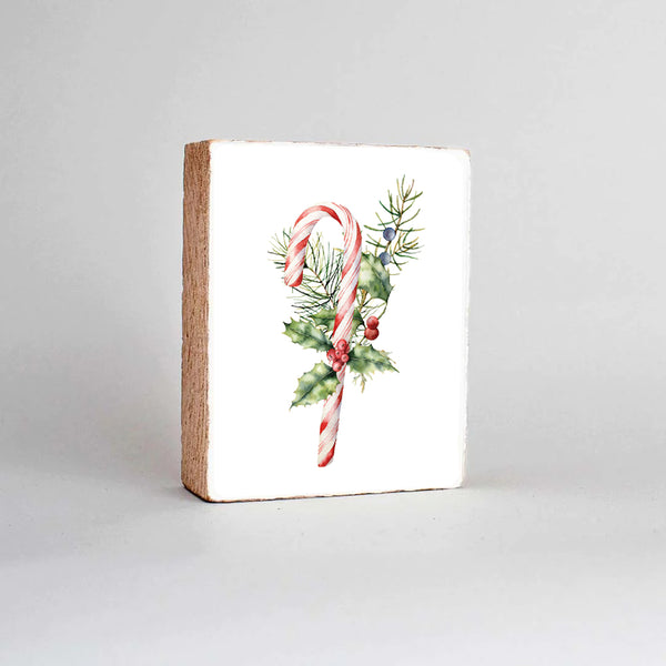 Watercolor Candy Cane Decorative Wooden Block