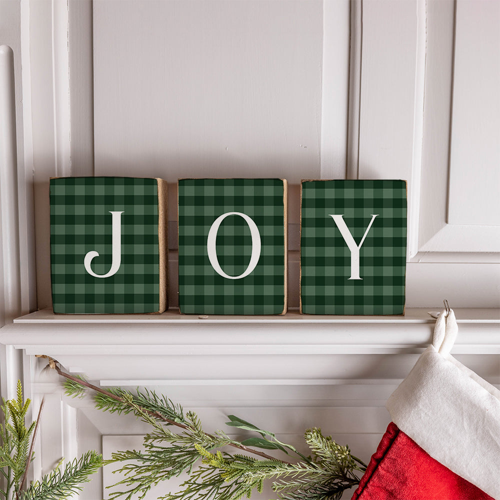 Joy Green Plaid Decorative Wooden Block Bundle