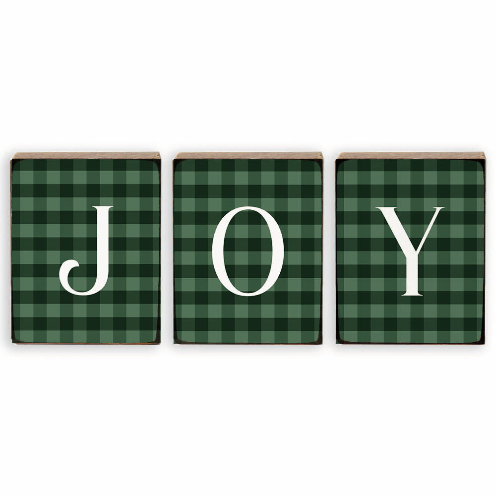 Joy Green Plaid Decorative Wooden Block Bundle