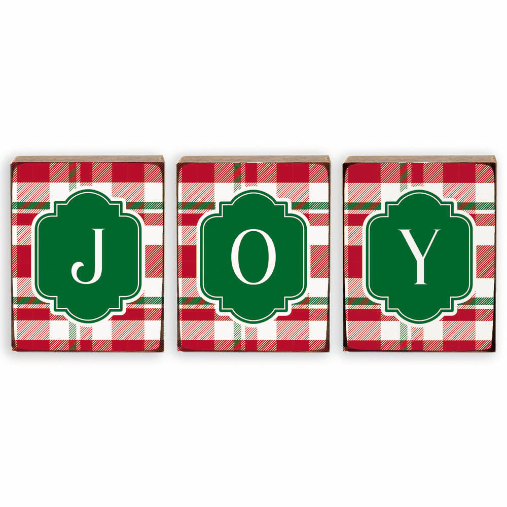 Joy Holiday Plaid Decorative Wooden Block Bundle