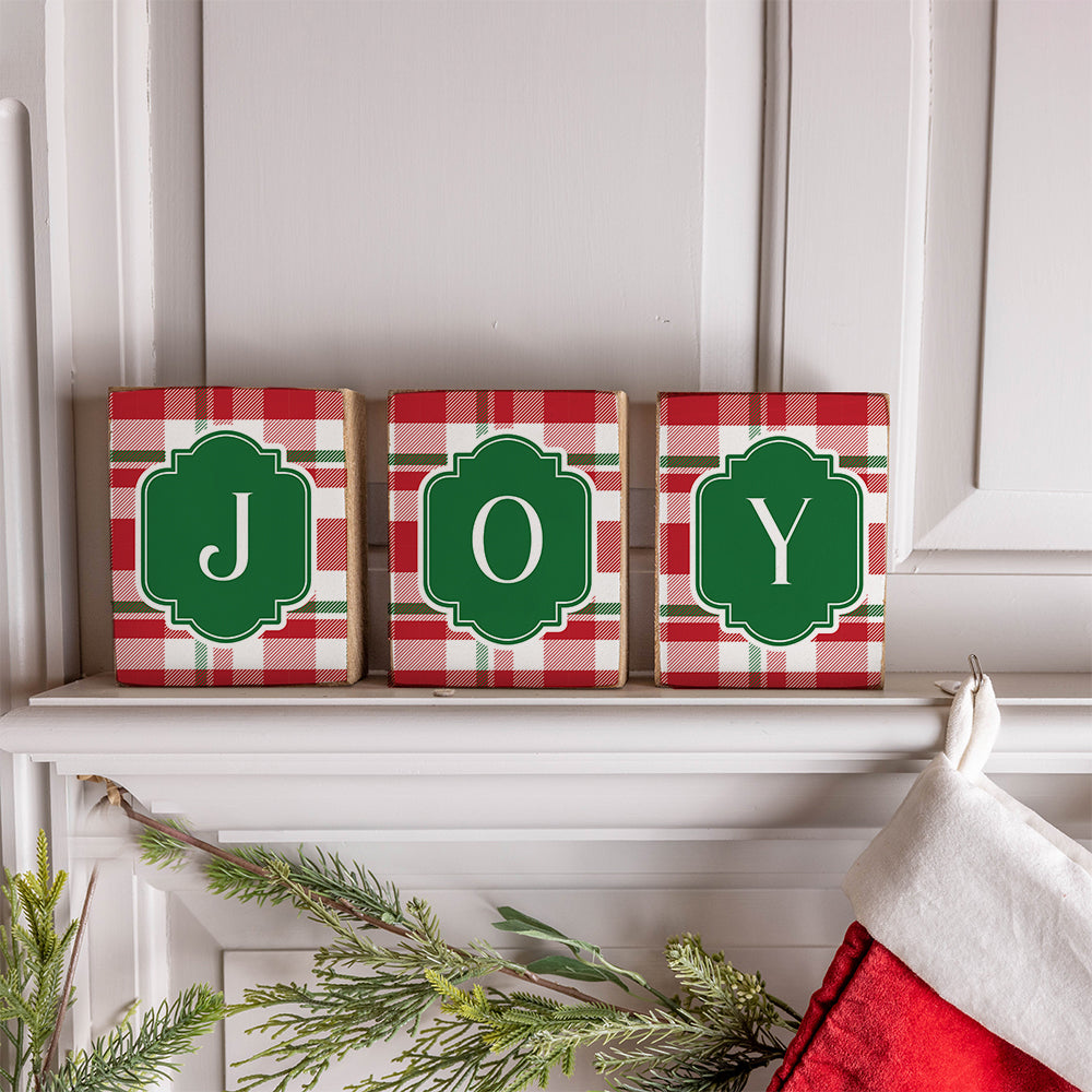 Joy Holiday Plaid Decorative Wooden Block Bundle