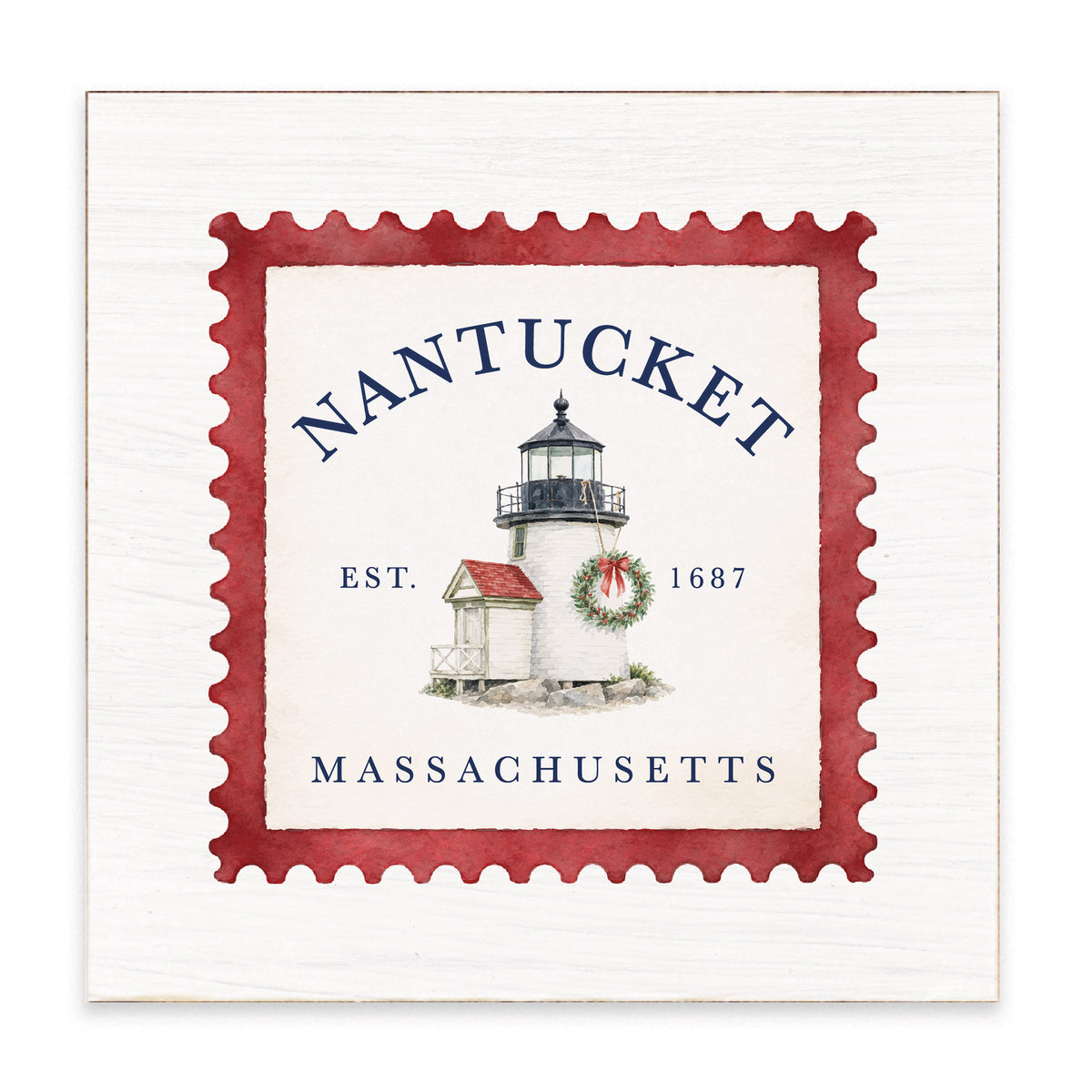 Holiday Brant Point Lighthouse Stamp Block Sign
