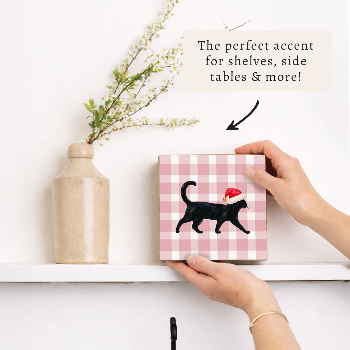 Black Cat Santa Hat Block Sign