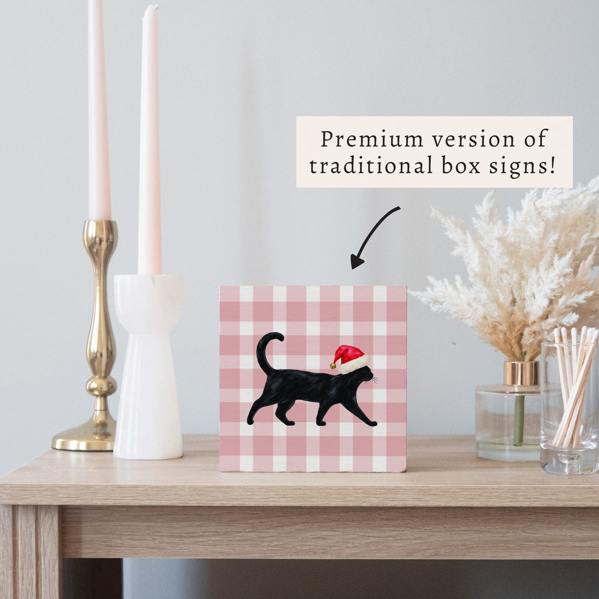 Black Cat Santa Hat Block Sign