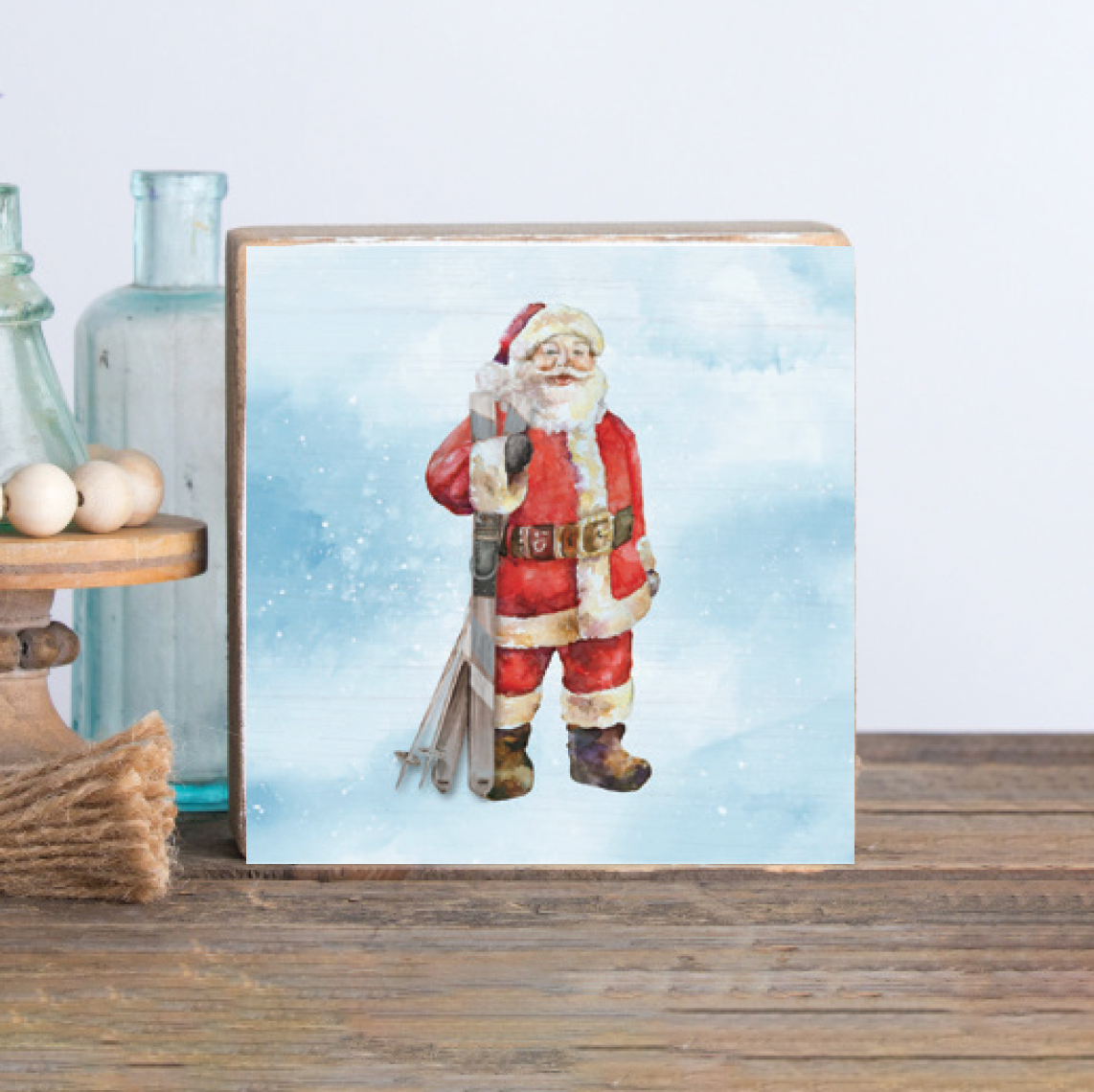 Ski Santa Decorative Wooden Block