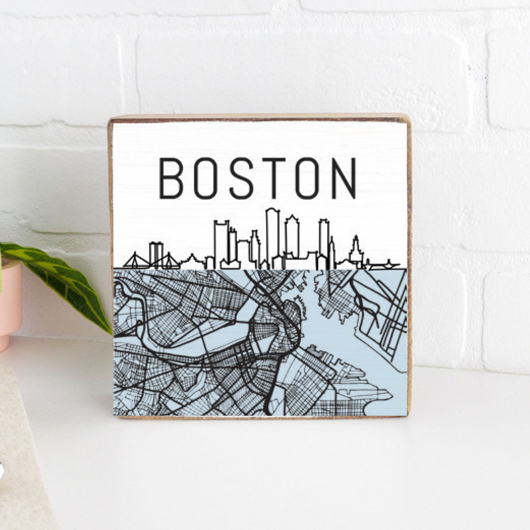 Boston City Map Decorative Wooden Block