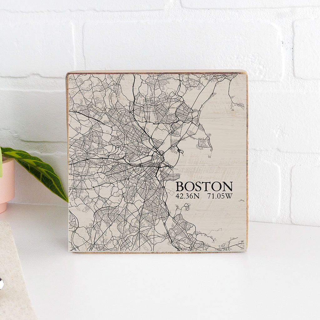 Boston Neutral City Map Decorative Wooden Block