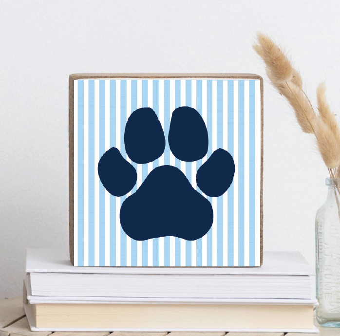 Striped Blue Paw Decorative Wooden Block