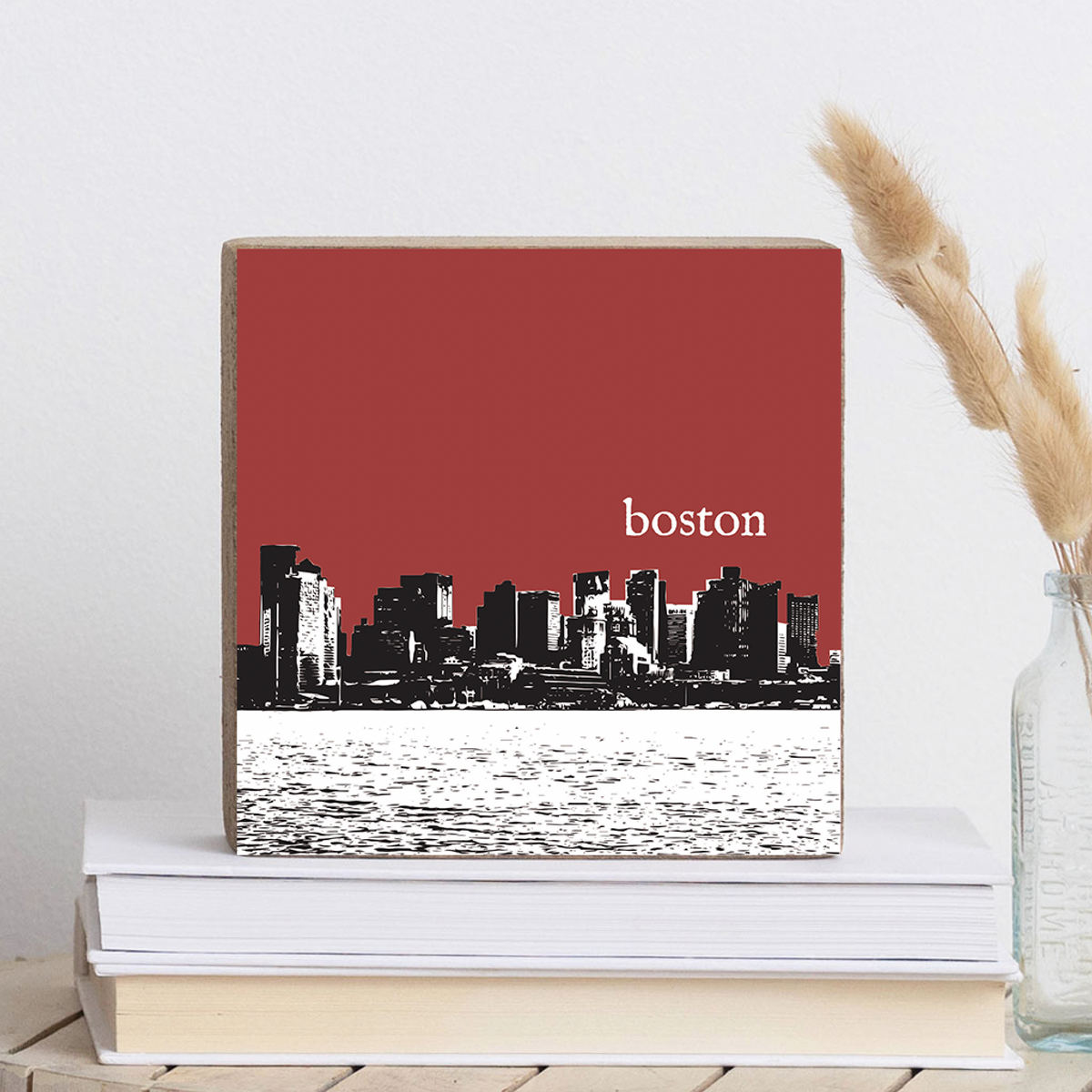 Boston Red Skyline Decorative Wooden Block