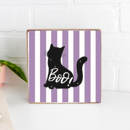 Boo! Black Cat Decorative Wooden Block