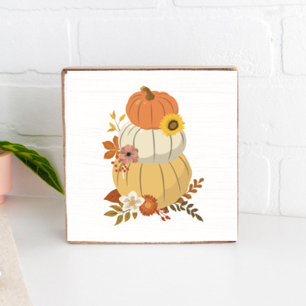 Stacked Muted Pastel Pumpkins Decorative Wooden Block