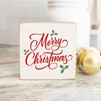 Merry Christmas Holly Block Sign