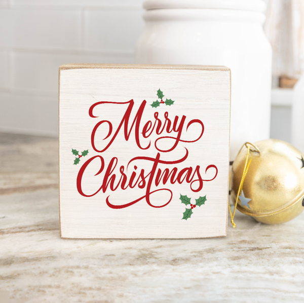 Merry Christmas Holly Block Sign