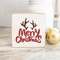 Merry Christmas Reindeer Antlers Decorative Wooden Block