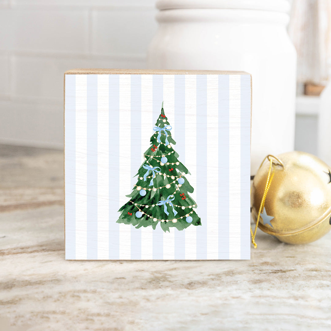 Blue Ribbon  Christmas Tree Decorative Wooden Block