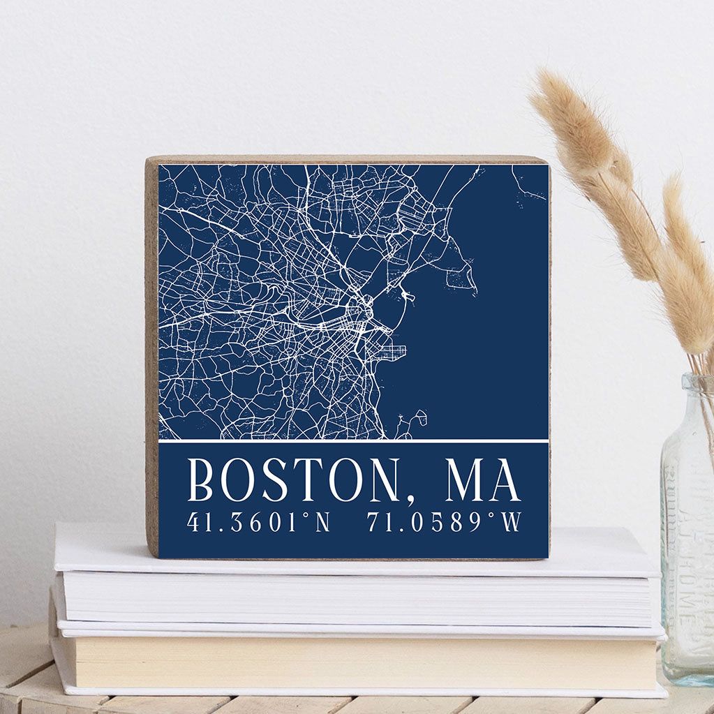 Navy Blue Boston City GridCoordinates Decorative Wooden Block