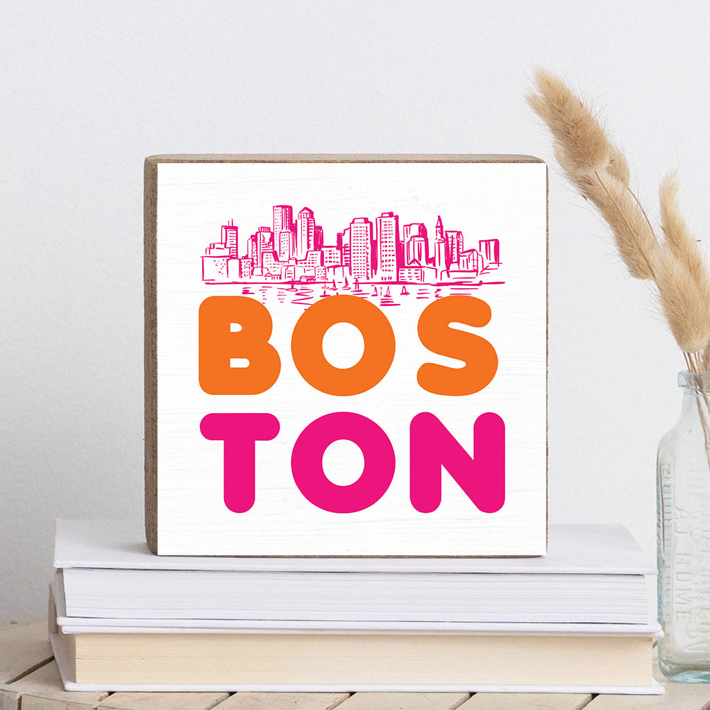 Orange and Pink Boston Skyline Decorative Wooden Block