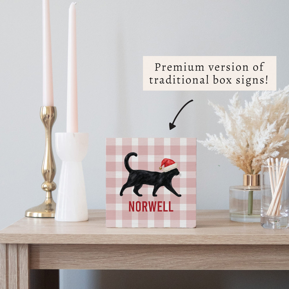 Black Cat Santa Hat Personalized Block Sign