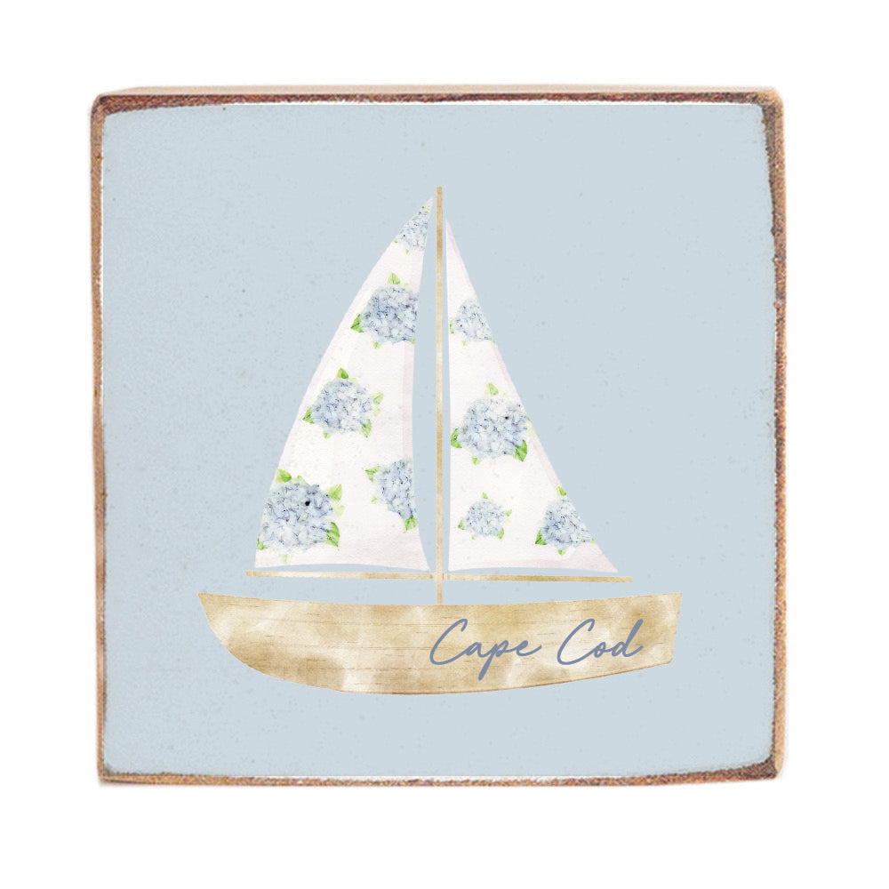 Hydrangea Sailboat Personalized Square Block Sign