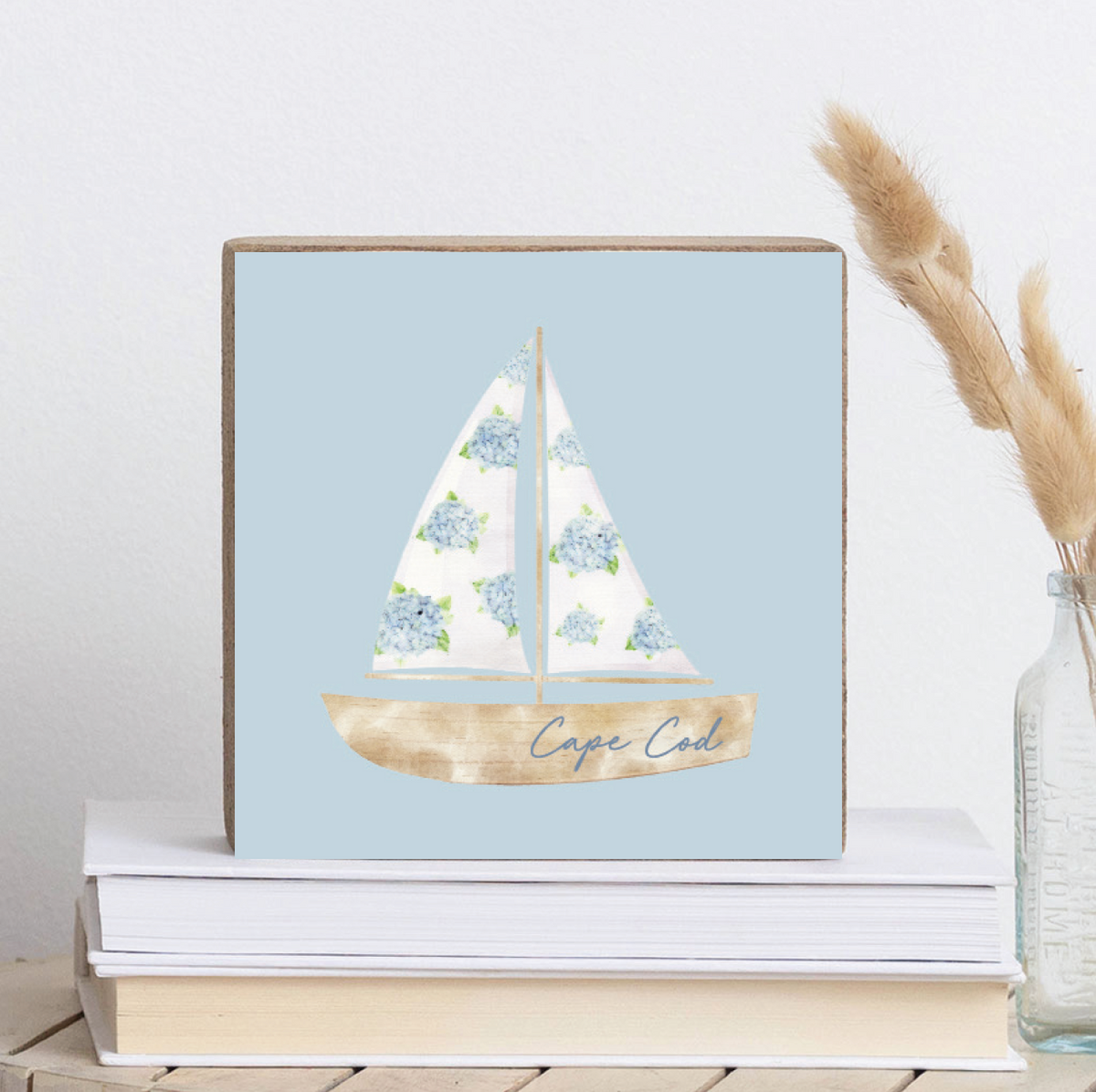 Personalized Hydrangea Sailboat Decorative Wooden Block