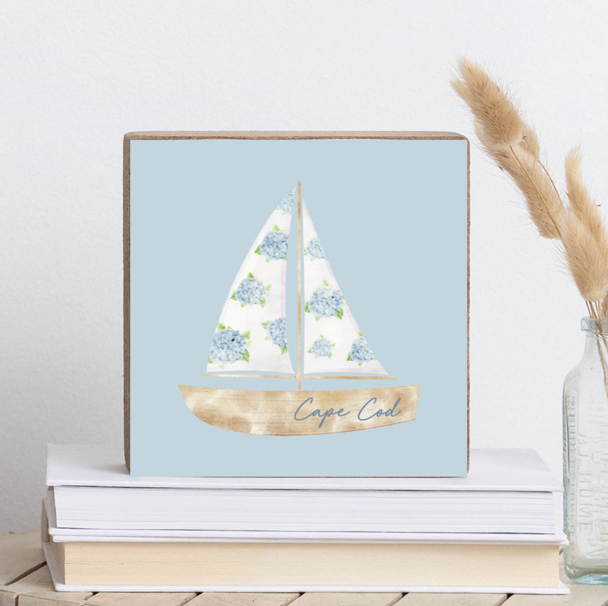 Hydrangea Sailboat Personalized Square Block Sign