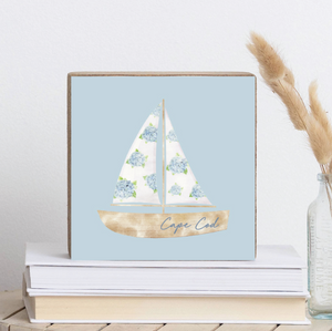 Hydrangea Sailboat Personalized Square Block Sign