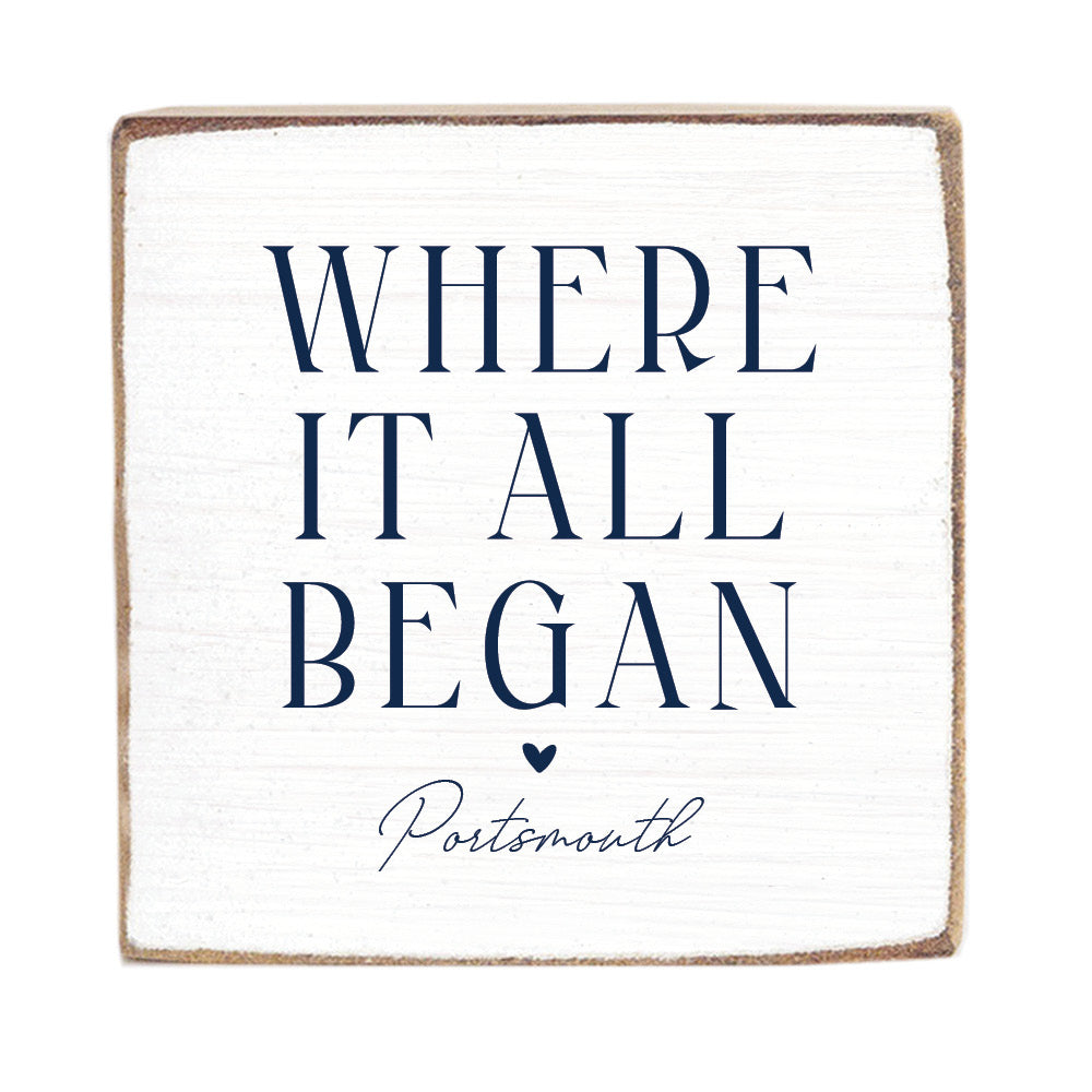Where It All Began White/Navy Personalized Block Sign