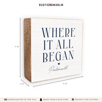 Where It All Began White/Navy Personalized Block Sign