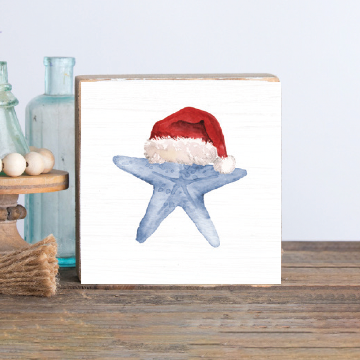 Santa Starfish Decorative Wooden Block