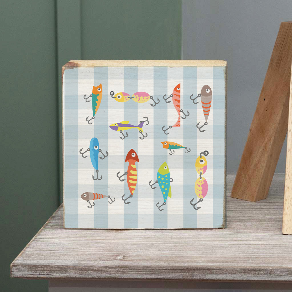 Blue Gingham Fishing Lures Square Block Sign